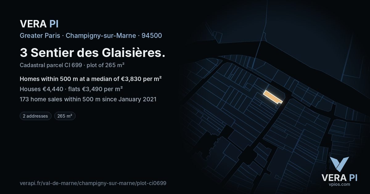 3 Sentier des Glaisières, Champigny-sur-Marne at night – the plot lit, the parcels around coloured by the prices near them