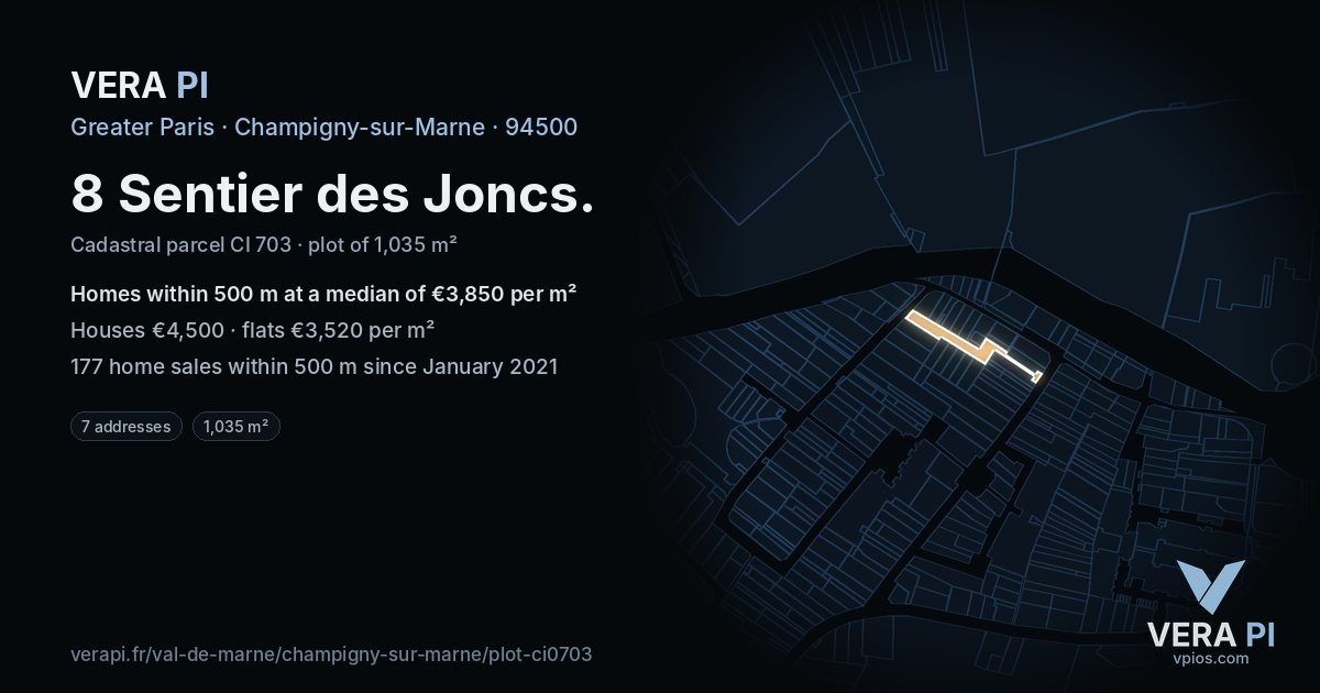 8 Sentier des Joncs, Champigny-sur-Marne at night – the plot lit, the parcels around coloured by the prices near them