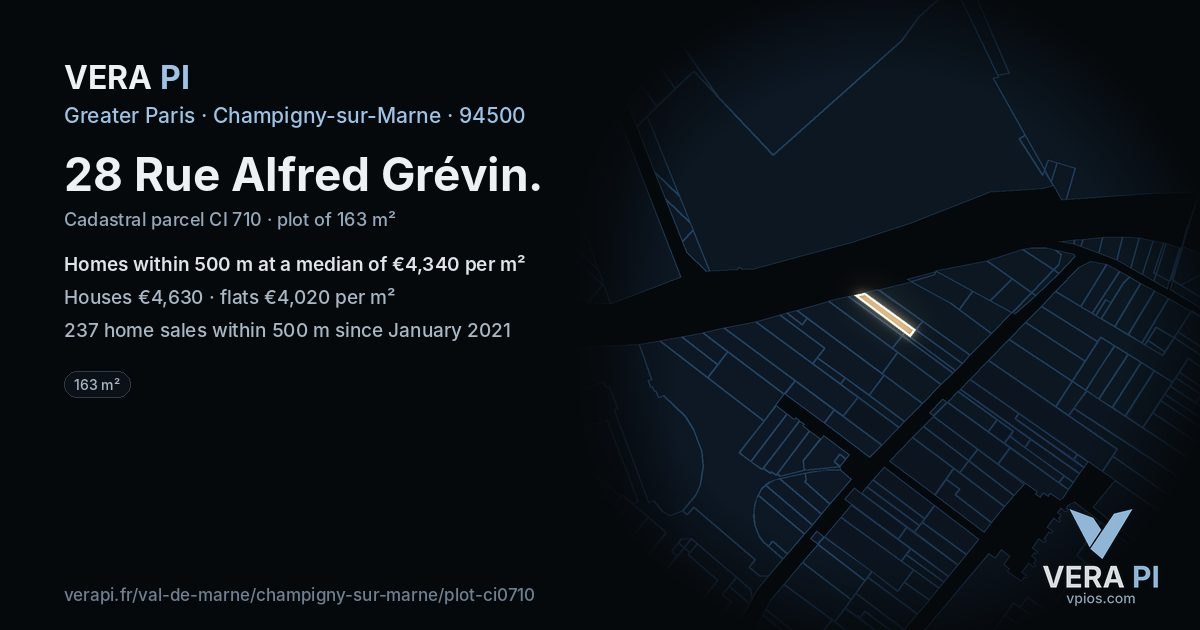 28 Rue Alfred Grévin, Champigny-sur-Marne at night – the plot lit, the parcels around coloured by the prices near them