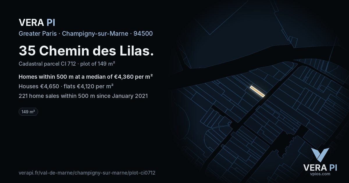 35 Chemin des Lilas, Champigny-sur-Marne at night – the plot lit, the parcels around coloured by the prices near them