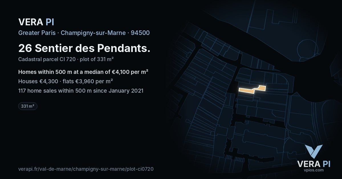26 Sentier des Pendants, Champigny-sur-Marne at night – the plot lit, the parcels around coloured by the prices near them