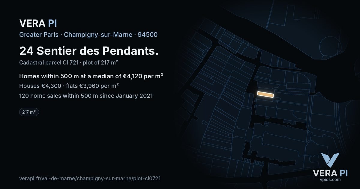 24 Sentier des Pendants, Champigny-sur-Marne at night – the plot lit, the parcels around coloured by the prices near them