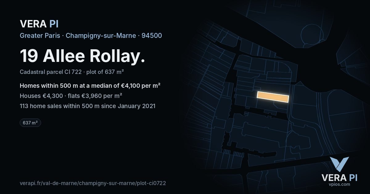19 Allee Rollay, Champigny-sur-Marne at night – the plot lit, the parcels around coloured by the prices near them