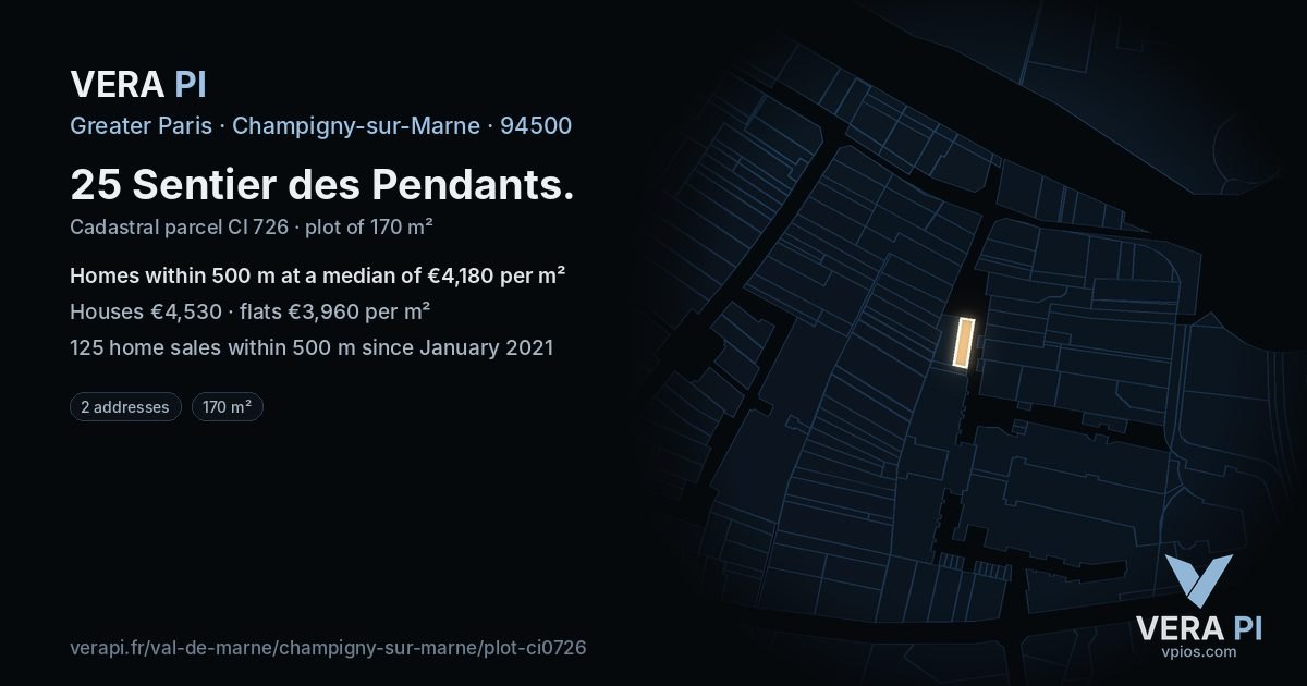 25 Sentier des Pendants, Champigny-sur-Marne at night – the plot lit, the parcels around coloured by the prices near them