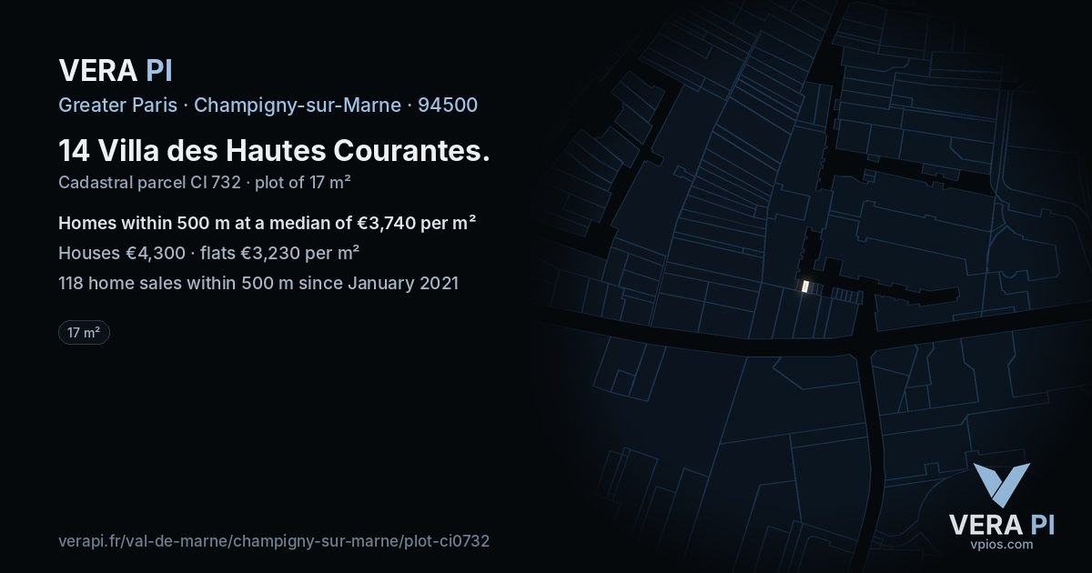 14 Villa des Hautes Courantes, Champigny-sur-Marne at night – the plot lit, the parcels around coloured by the prices near them