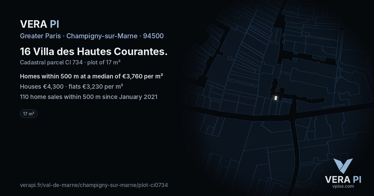 16 Villa des Hautes Courantes, Champigny-sur-Marne at night – the plot lit, the parcels around coloured by the prices near them