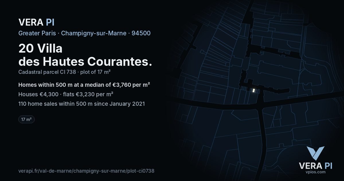 20 Villa des Hautes Courantes, Champigny-sur-Marne at night – the plot lit, the parcels around coloured by the prices near them