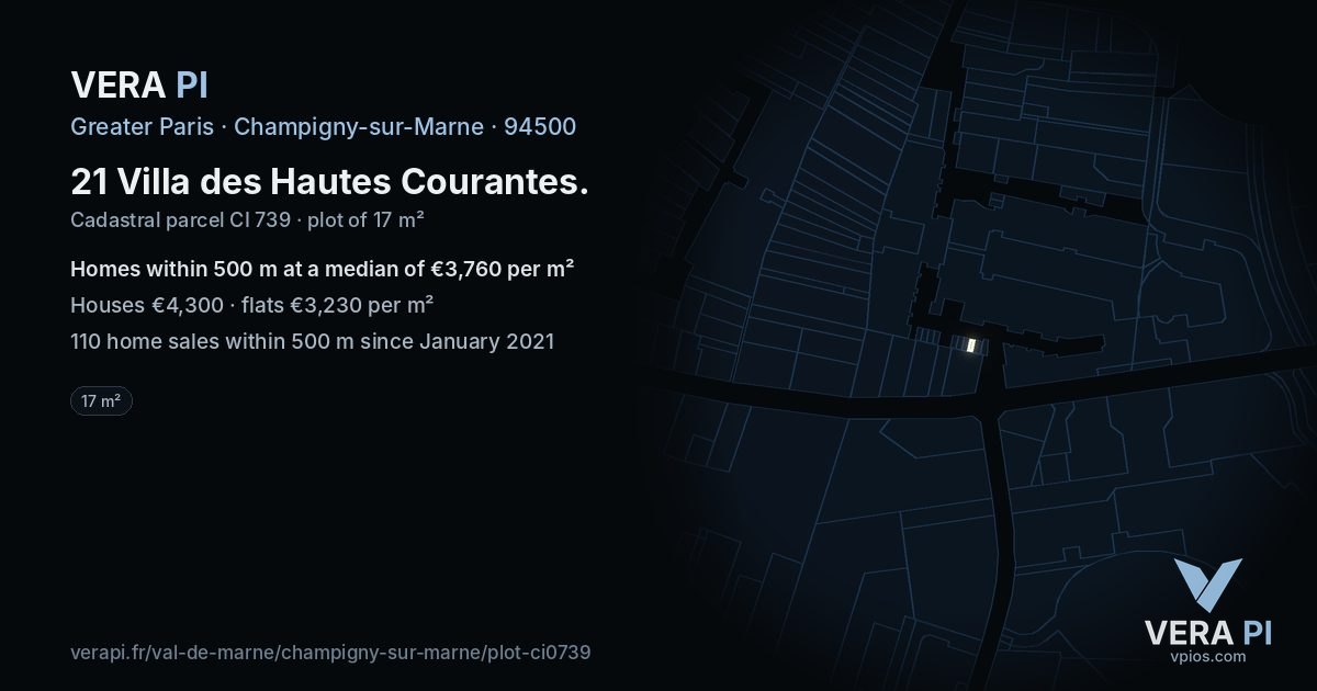 21 Villa des Hautes Courantes, Champigny-sur-Marne at night – the plot lit, the parcels around coloured by the prices near them