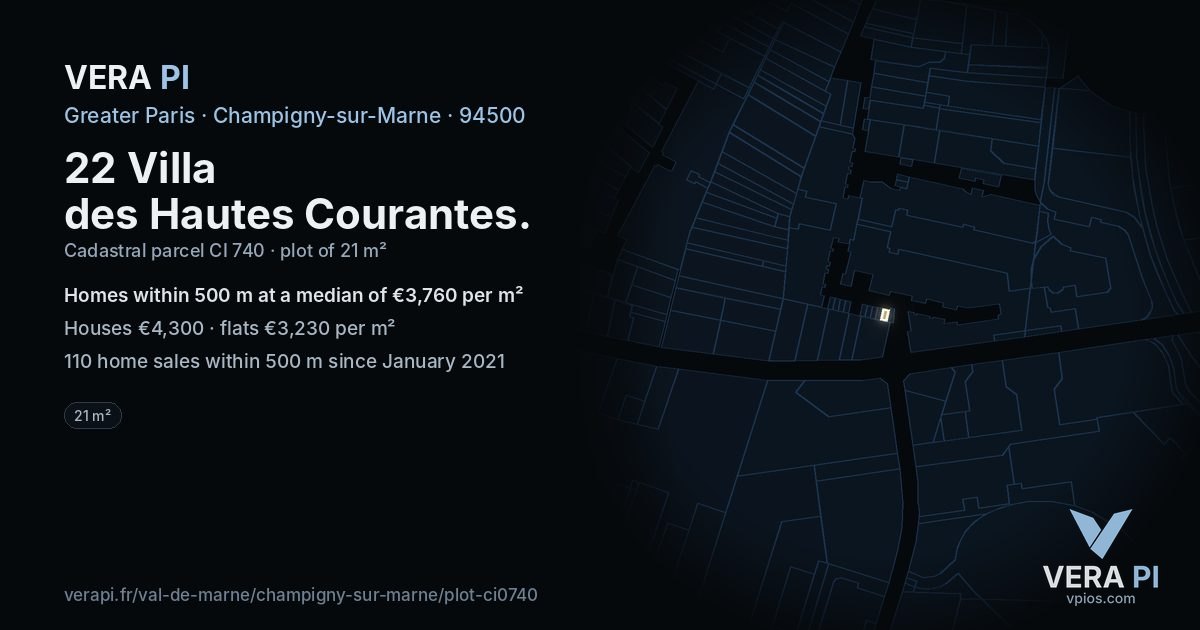 22 Villa des Hautes Courantes, Champigny-sur-Marne at night – the plot lit, the parcels around coloured by the prices near them