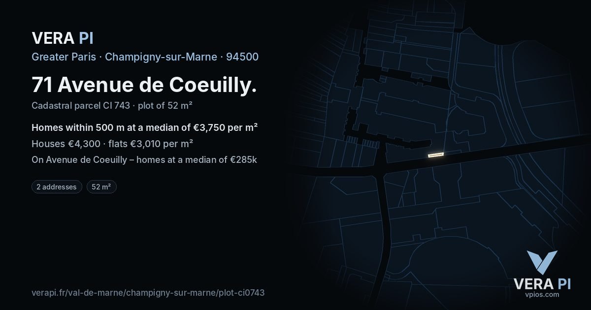 71 Avenue de Coeuilly, Champigny-sur-Marne at night – the plot lit, the parcels around coloured by the prices near them