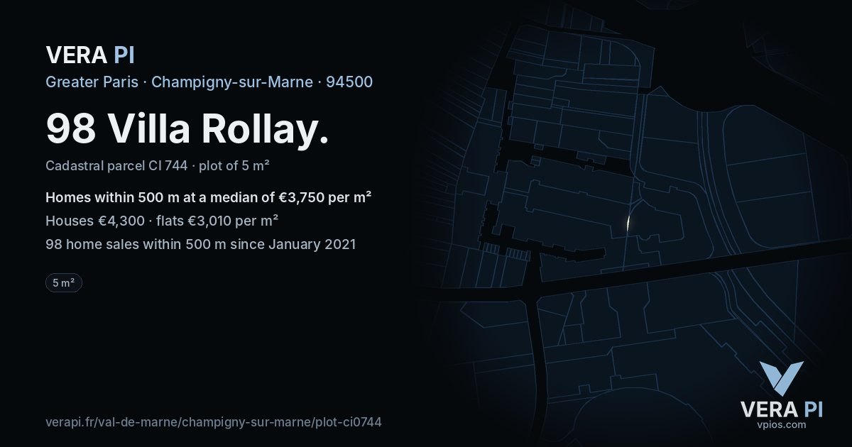 98 Villa Rollay, Champigny-sur-Marne at night – the plot lit, the parcels around coloured by the prices near them