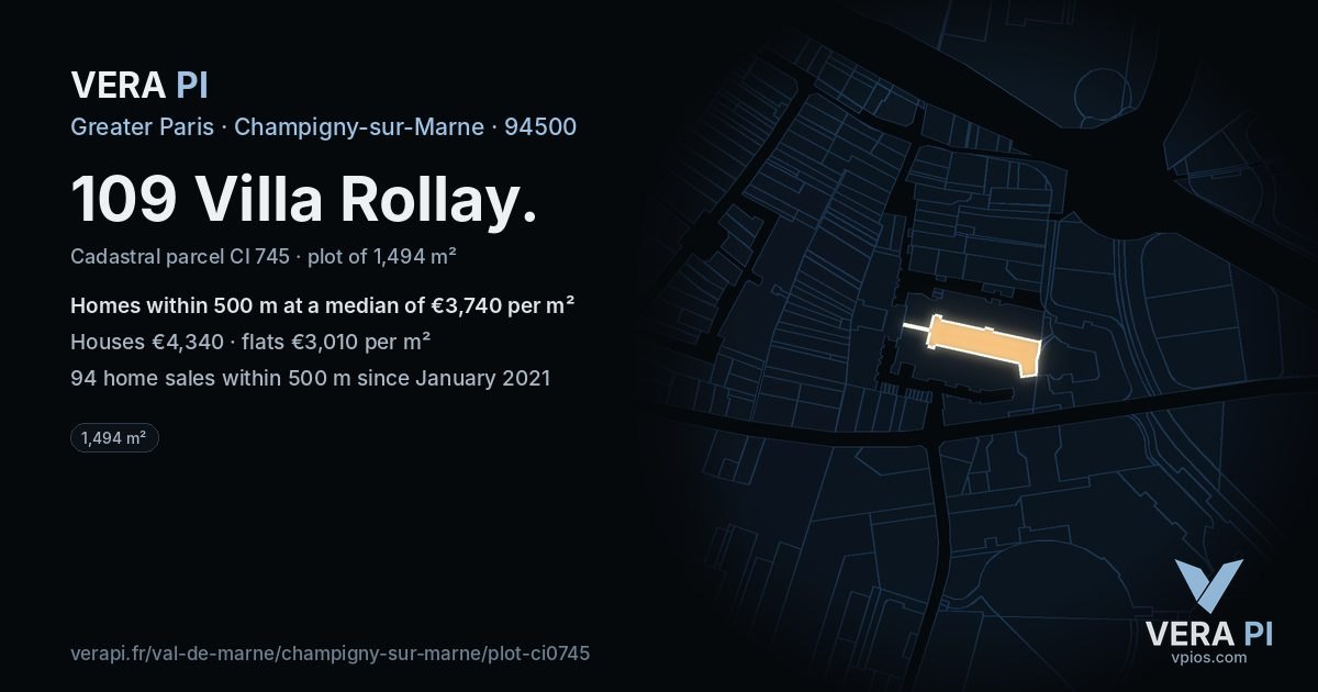 109 Villa Rollay, Champigny-sur-Marne at night – the plot lit, the parcels around coloured by the prices near them