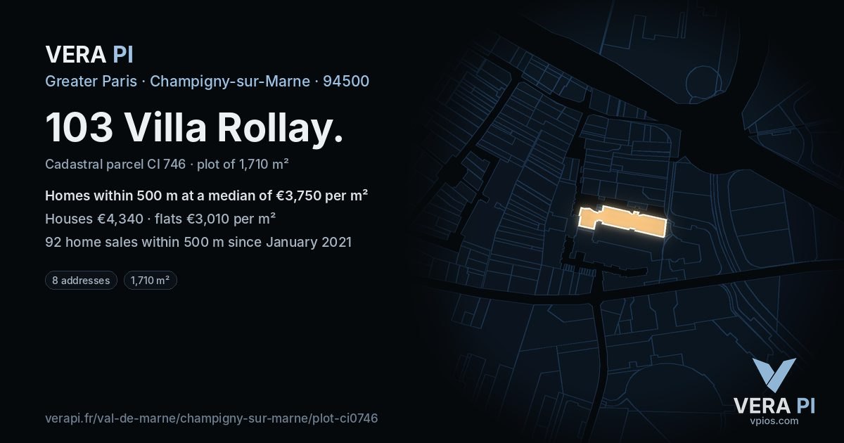 103 Villa Rollay, Champigny-sur-Marne at night – the plot lit, the parcels around coloured by the prices near them