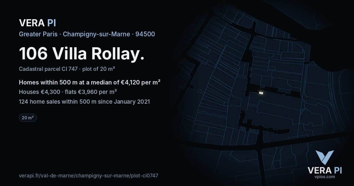 106 Villa Rollay, Champigny-sur-Marne at night – the plot lit, the parcels around coloured by the prices near them