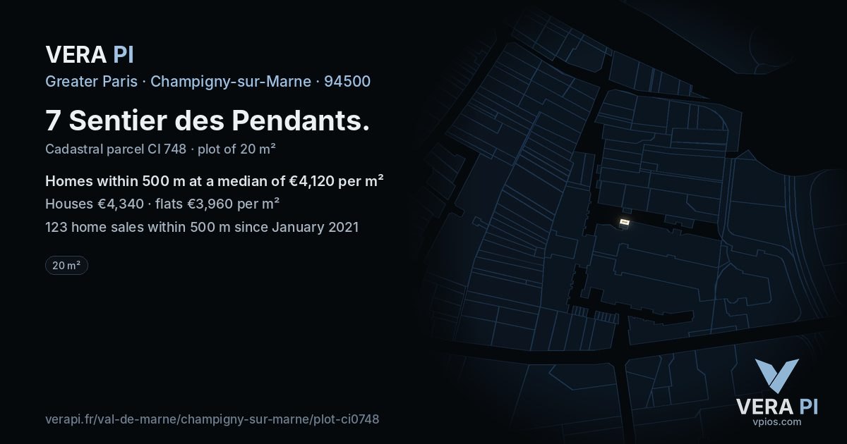 7 Sentier des Pendants, Champigny-sur-Marne at night – the plot lit, the parcels around coloured by the prices near them