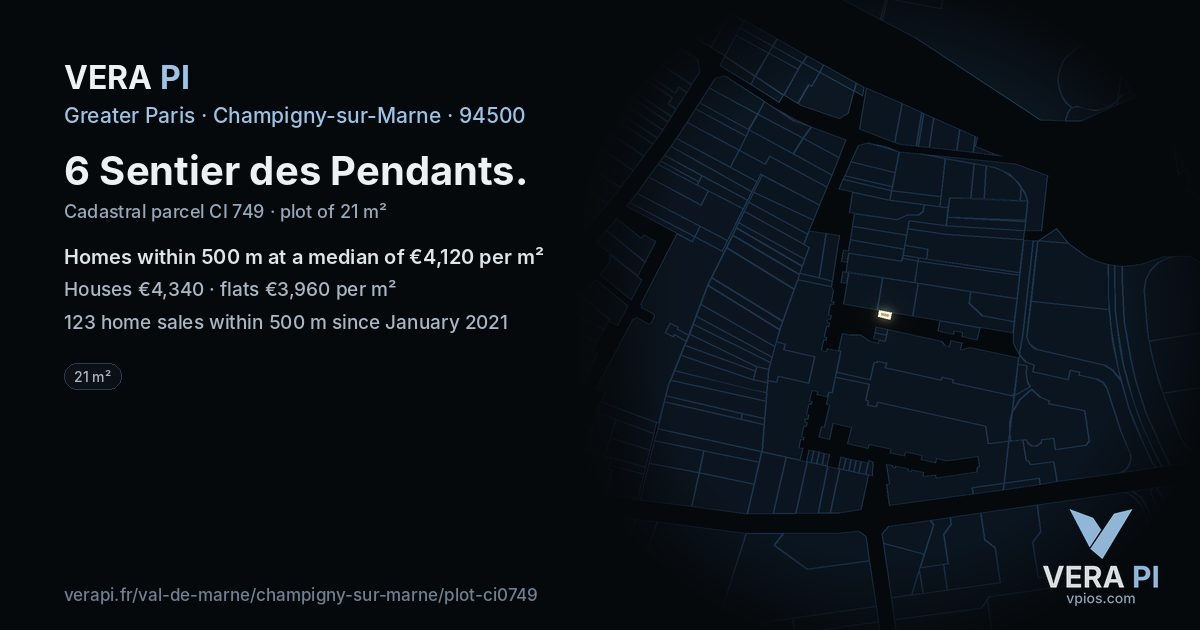 6 Sentier des Pendants, Champigny-sur-Marne at night – the plot lit, the parcels around coloured by the prices near them