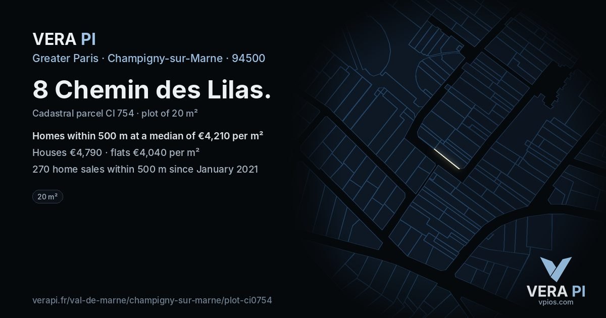 8 Chemin des Lilas, Champigny-sur-Marne at night – the plot lit, the parcels around coloured by the prices near them