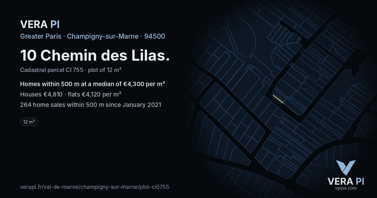10 Chemin des Lilas, Champigny-sur-Marne at night – the plot lit, the parcels around coloured by the prices near them
