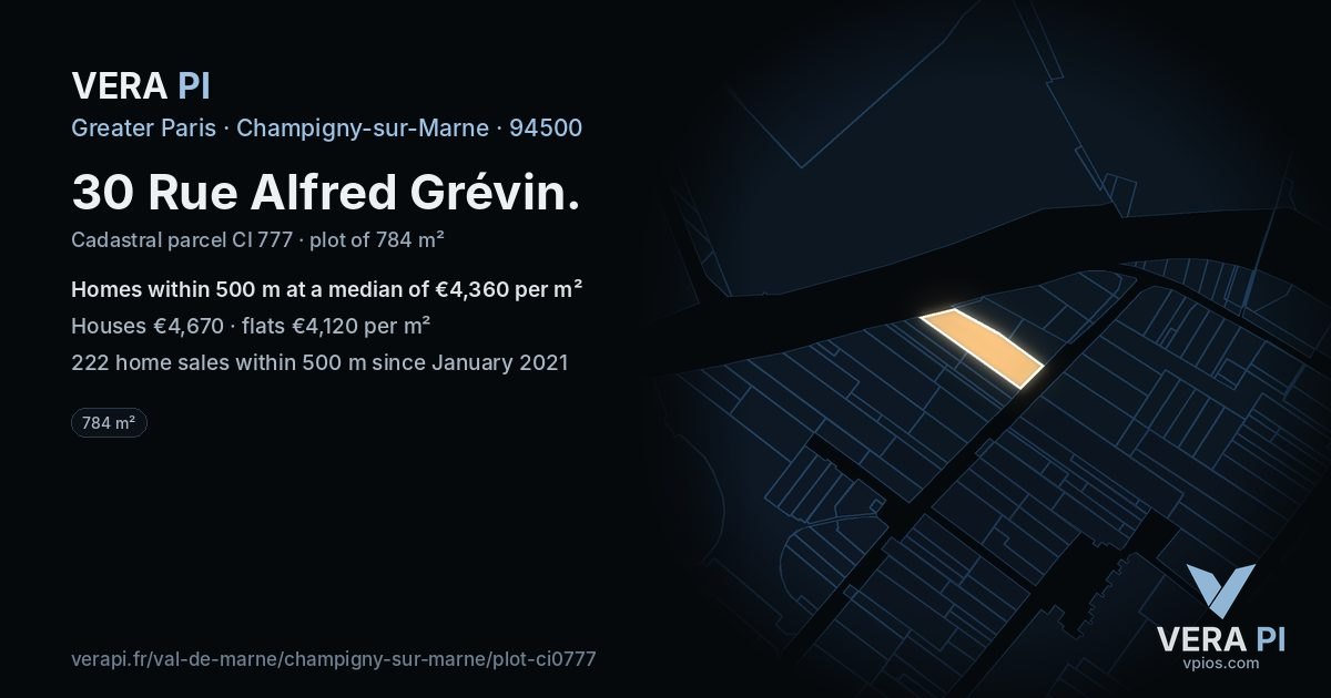 30 Rue Alfred Grévin, Champigny-sur-Marne at night – the plot lit, the parcels around coloured by the prices near them