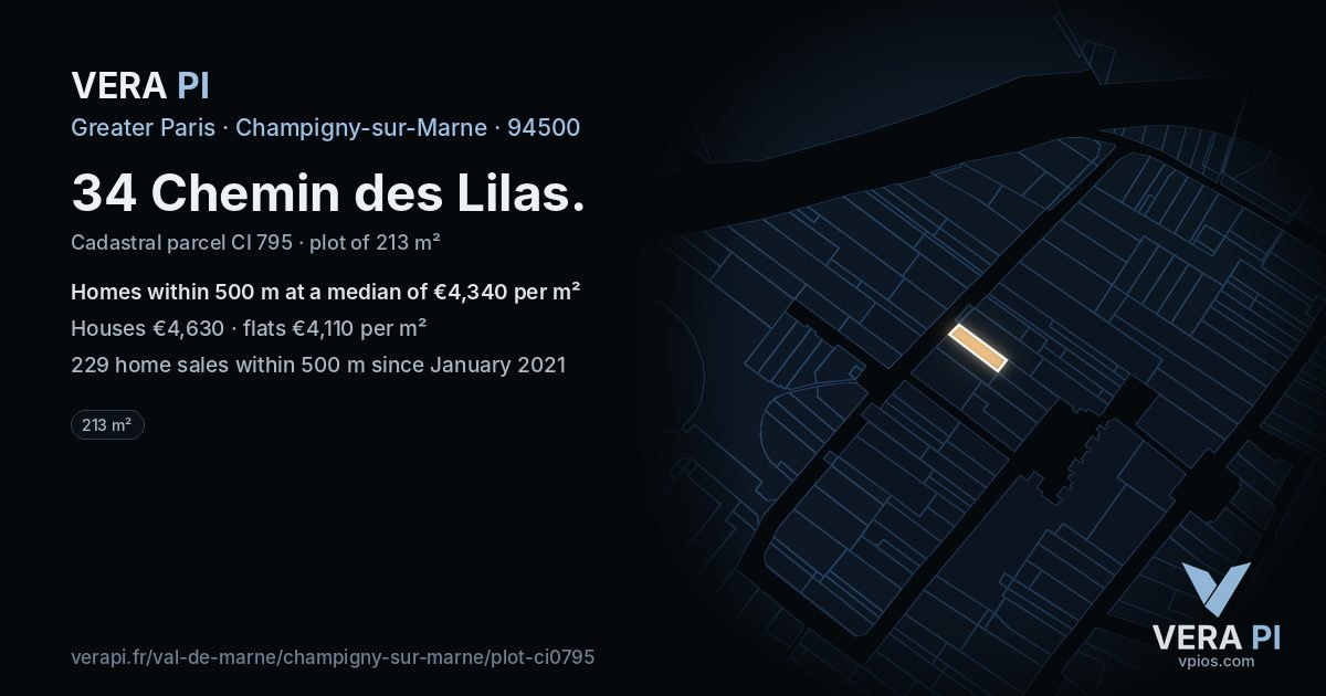 34 Chemin des Lilas, Champigny-sur-Marne at night – the plot lit, the parcels around coloured by the prices near them