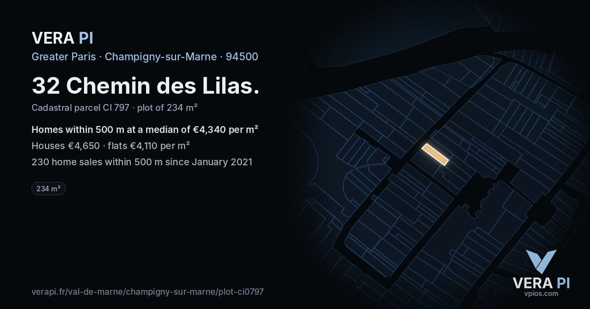 32 Chemin des Lilas, Champigny-sur-Marne at night – the plot lit, the parcels around coloured by the prices near them