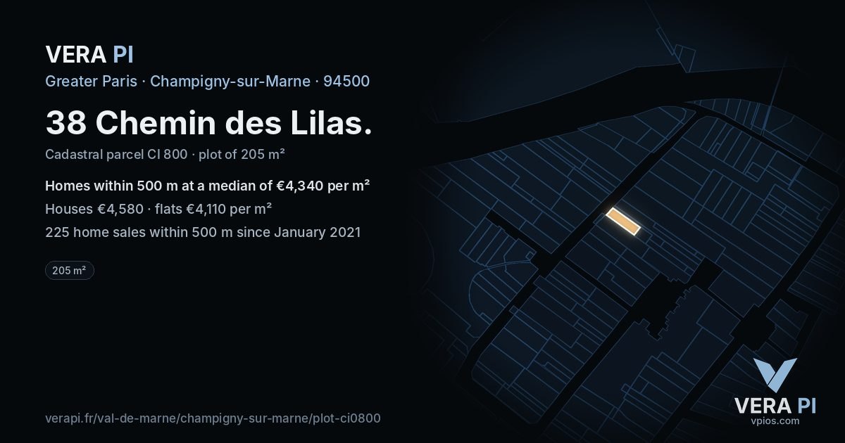 38 Chemin des Lilas, Champigny-sur-Marne at night – the plot lit, the parcels around coloured by the prices near them