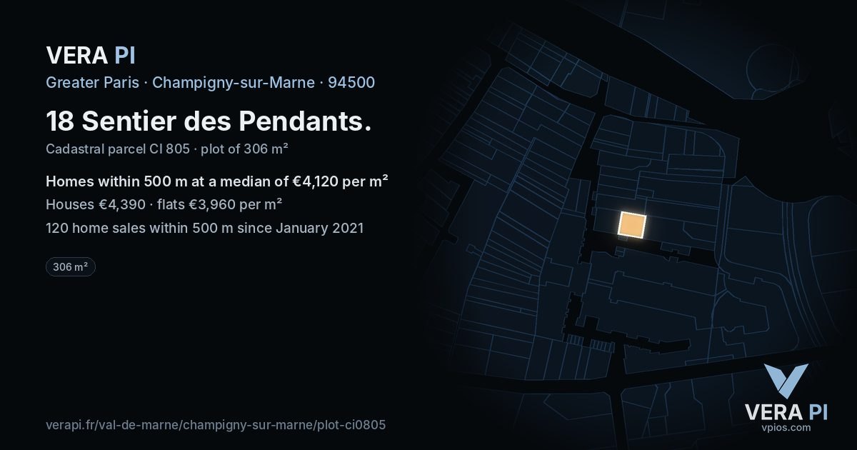 18 Sentier des Pendants, Champigny-sur-Marne at night – the plot lit, the parcels around coloured by the prices near them