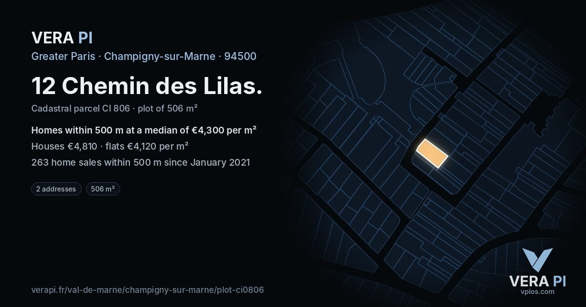 12 Chemin des Lilas, Champigny-sur-Marne at night – the plot lit, the parcels around coloured by the prices near them