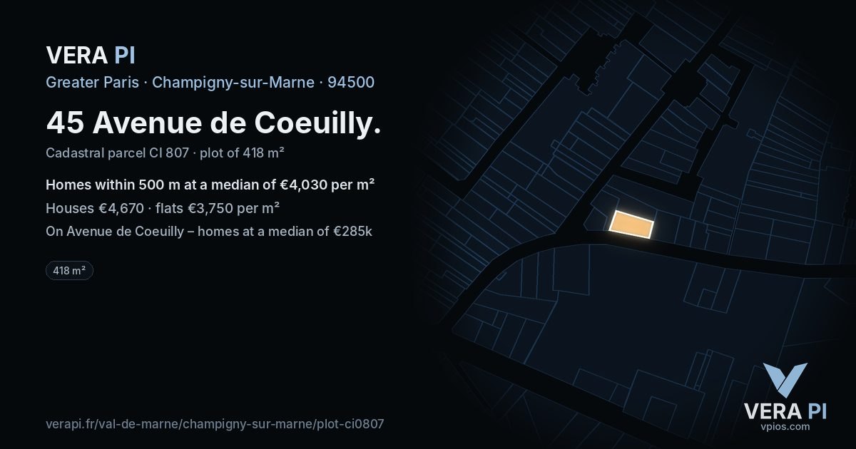 45 Avenue de Coeuilly, Champigny-sur-Marne at night – the plot lit, the parcels around coloured by the prices near them