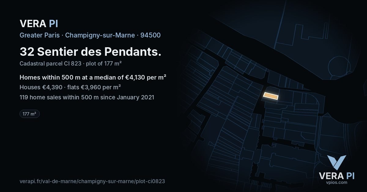 32 Sentier des Pendants, Champigny-sur-Marne at night – the plot lit, the parcels around coloured by the prices near them
