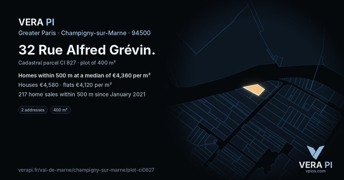 32 Rue Alfred Grévin, Champigny-sur-Marne at night – the plot lit, the parcels around coloured by the prices near them