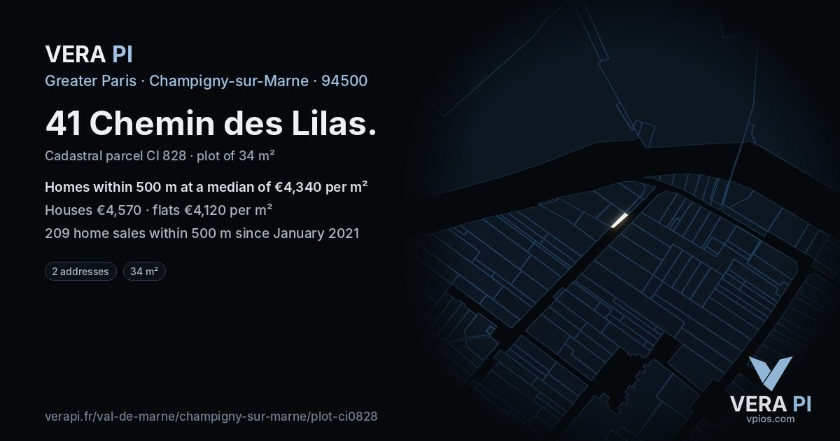 41 Chemin des Lilas, Champigny-sur-Marne at night – the plot lit, the parcels around coloured by the prices near them