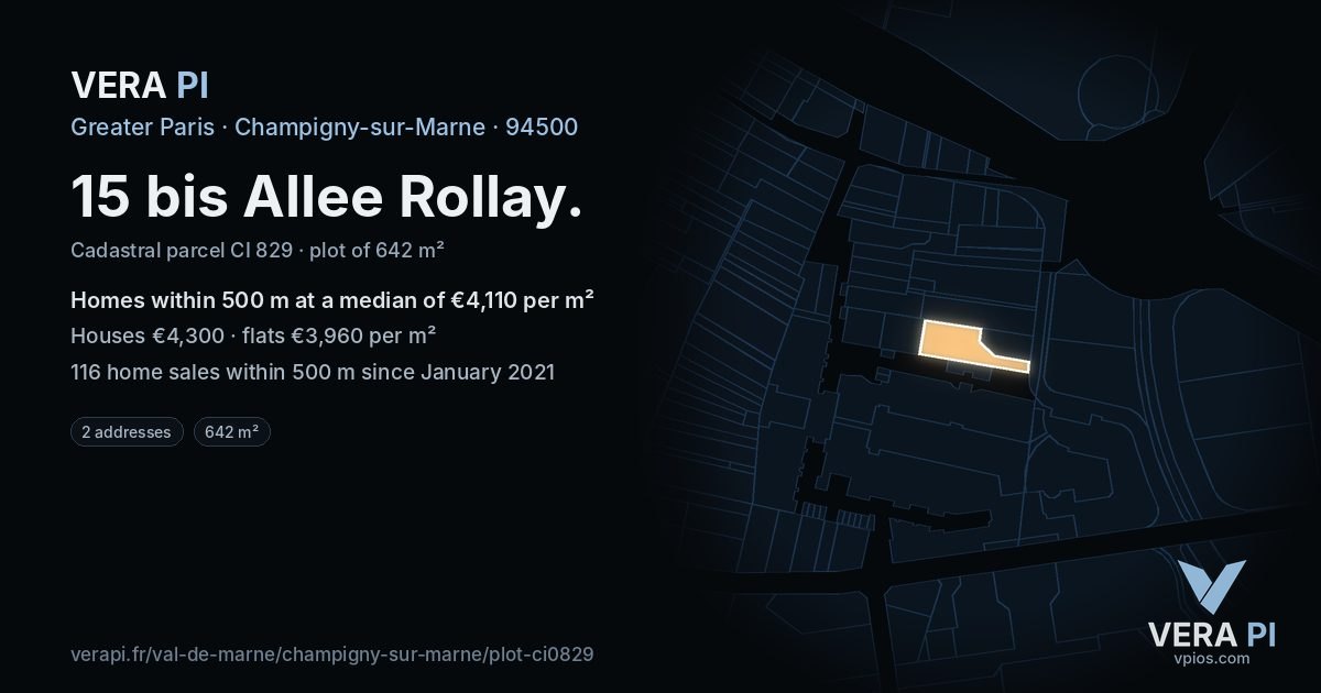 15 bis Allee Rollay, Champigny-sur-Marne at night – the plot lit, the parcels around coloured by the prices near them