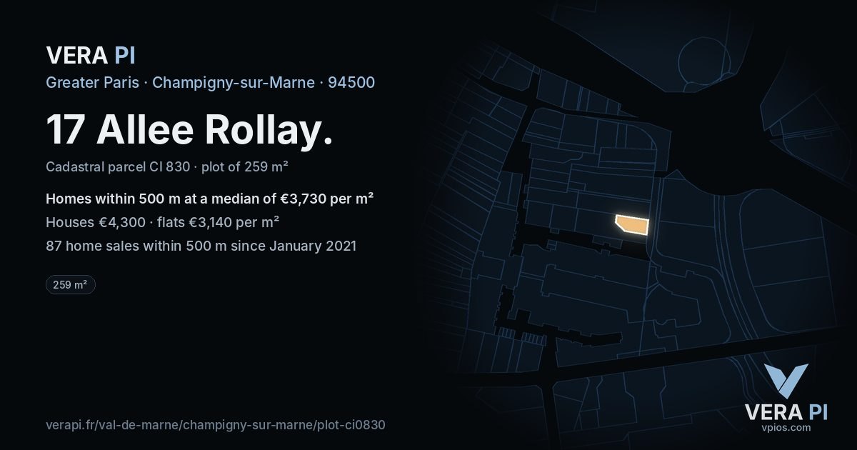 17 Allee Rollay, Champigny-sur-Marne at night – the plot lit, the parcels around coloured by the prices near them
