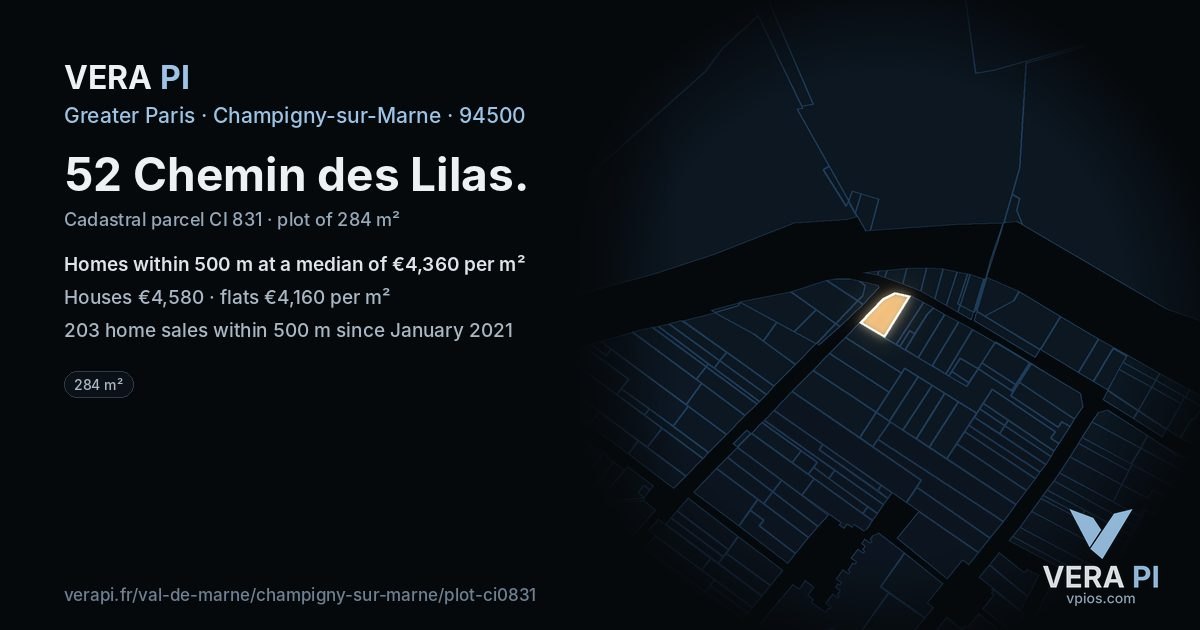 52 Chemin des Lilas, Champigny-sur-Marne at night – the plot lit, the parcels around coloured by the prices near them