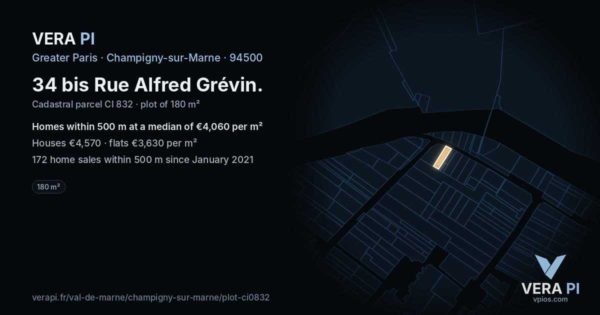 34 bis Rue Alfred Grévin, Champigny-sur-Marne at night – the plot lit, the parcels around coloured by the prices near them
