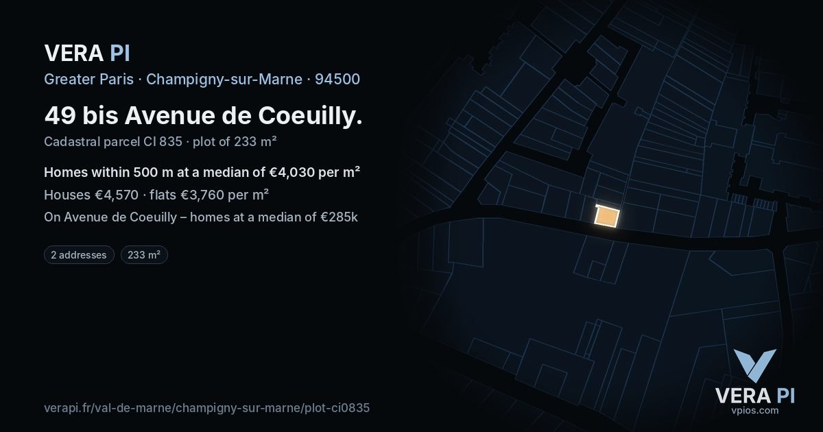 49 bis Avenue de Coeuilly, Champigny-sur-Marne at night – the plot lit, the parcels around coloured by the prices near them