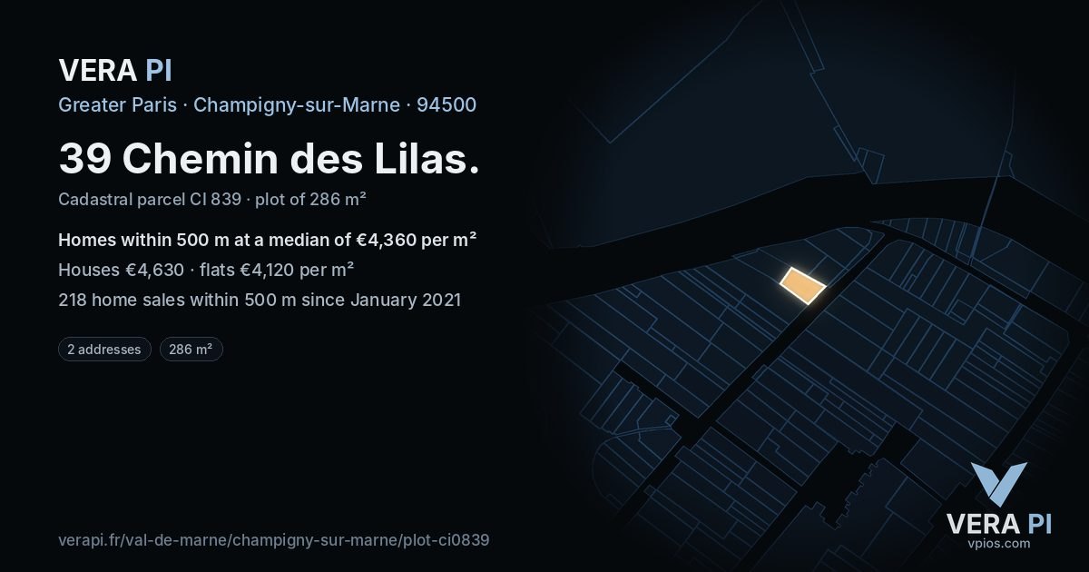 39 Chemin des Lilas, Champigny-sur-Marne at night – the plot lit, the parcels around coloured by the prices near them