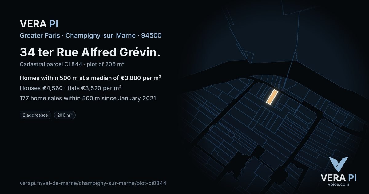 34 ter Rue Alfred Grévin, Champigny-sur-Marne at night – the plot lit, the parcels around coloured by the prices near them