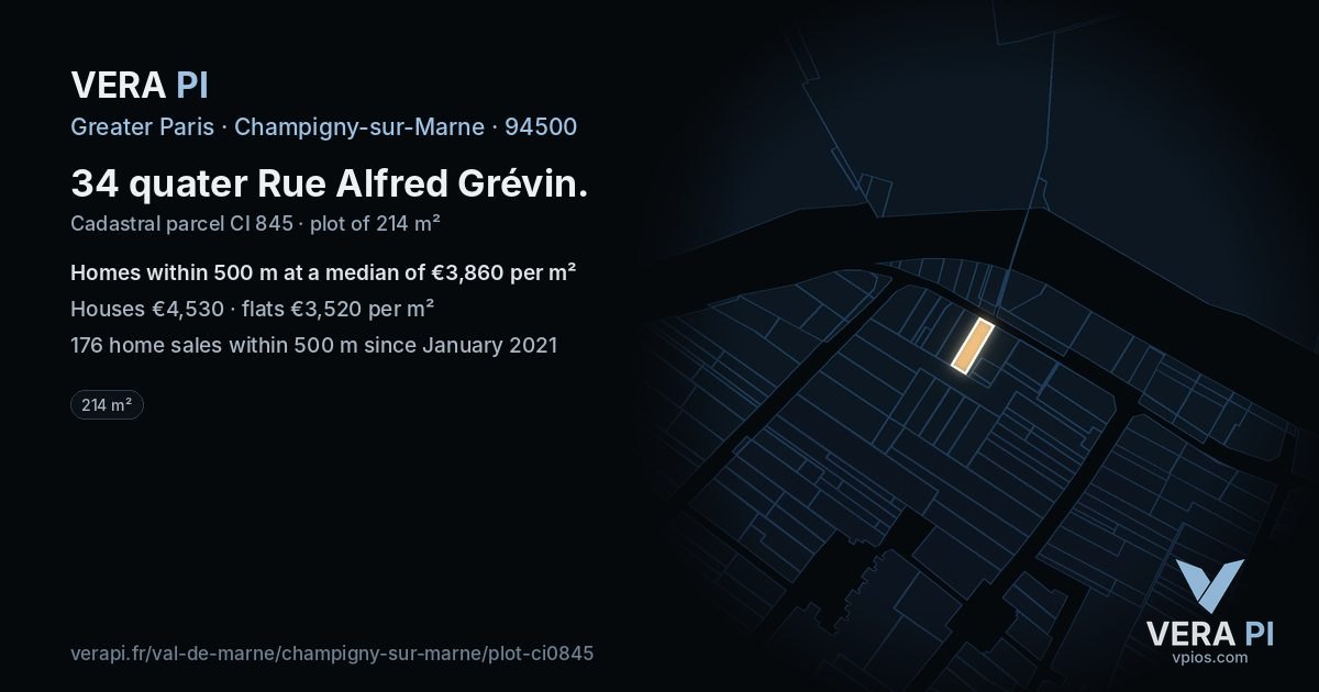 34 quater Rue Alfred Grévin, Champigny-sur-Marne at night – the plot lit, the parcels around coloured by the prices near them