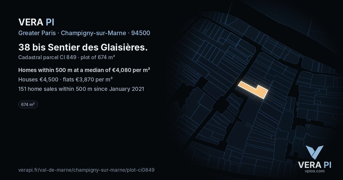 38 bis Sentier des Glaisières, Champigny-sur-Marne at night – the plot lit, the parcels around coloured by the prices near them