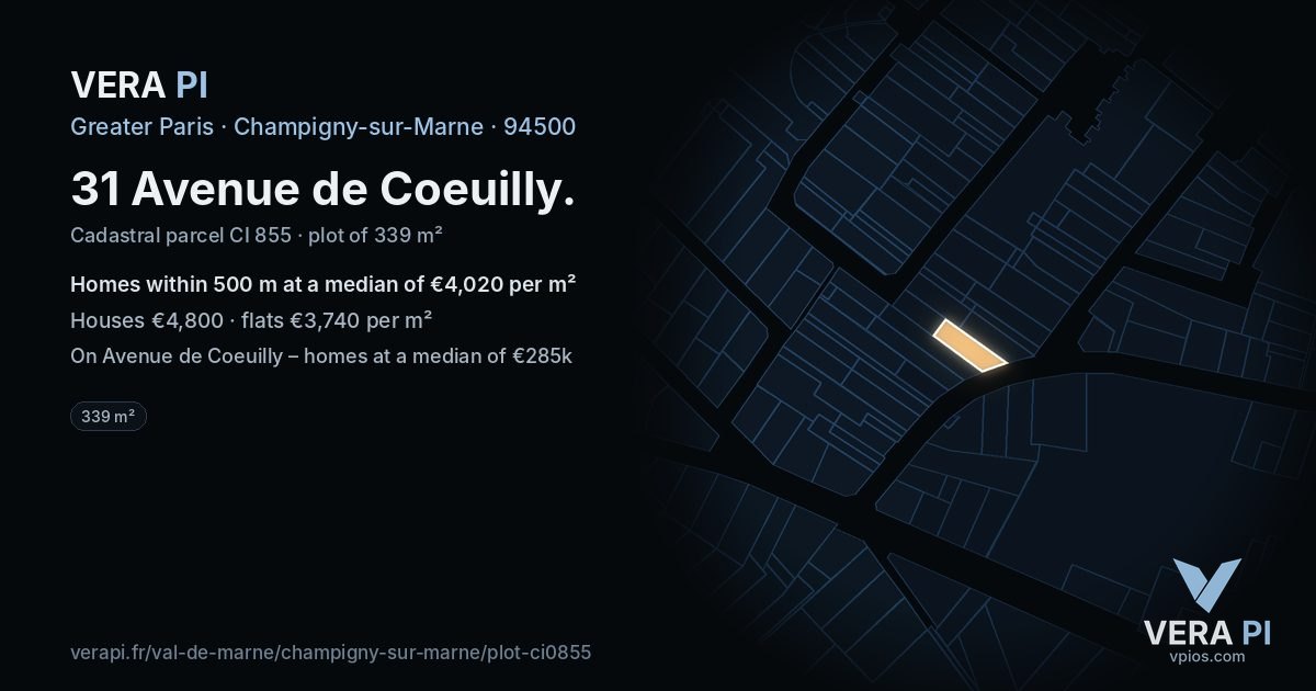 31 Avenue de Coeuilly, Champigny-sur-Marne at night – the plot lit, the parcels around coloured by the prices near them
