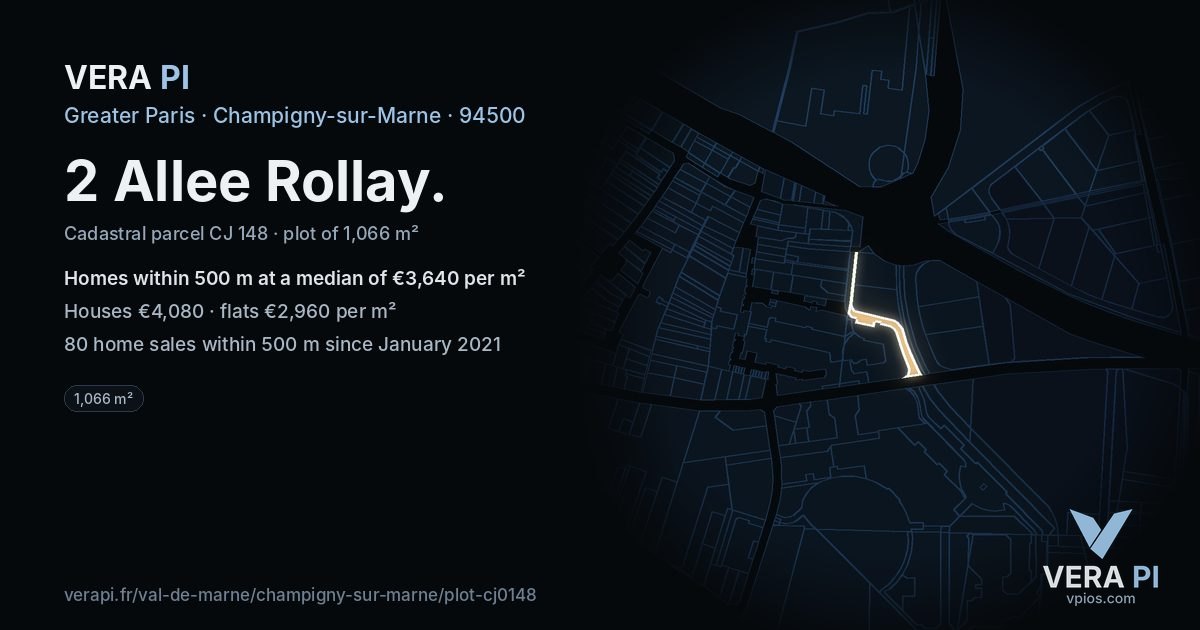 2 Allee Rollay, Champigny-sur-Marne at night – the plot lit, the parcels around coloured by the prices near them