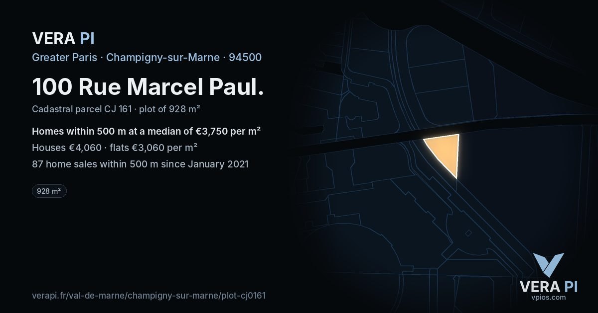 100 Rue Marcel Paul, Champigny-sur-Marne at night – the plot lit, the parcels around coloured by the prices near them
