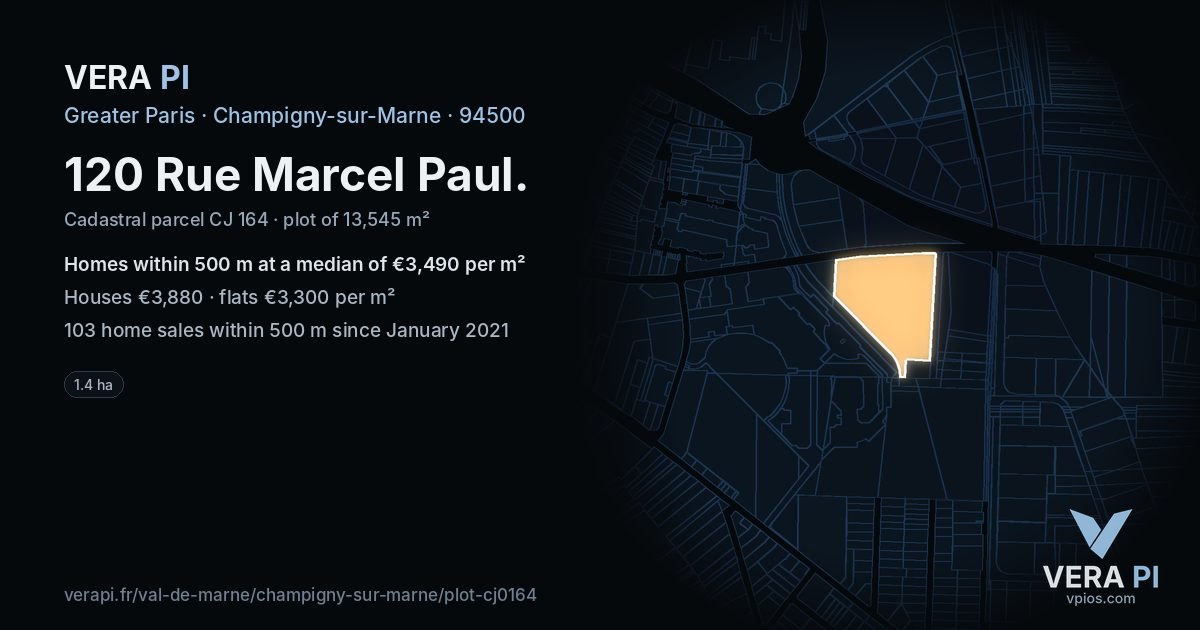 120 Rue Marcel Paul, Champigny-sur-Marne at night – the plot lit, the parcels around coloured by the prices near them