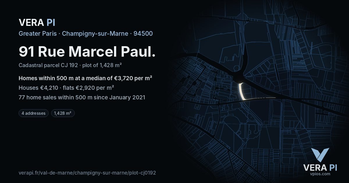 91 Rue Marcel Paul, Champigny-sur-Marne at night – the plot lit, the parcels around coloured by the prices near them