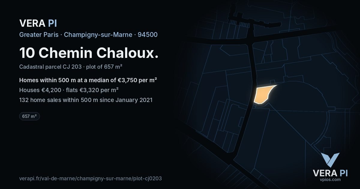 10 Chemin Chaloux, Champigny-sur-Marne at night – the plot lit, the parcels around coloured by the prices near them