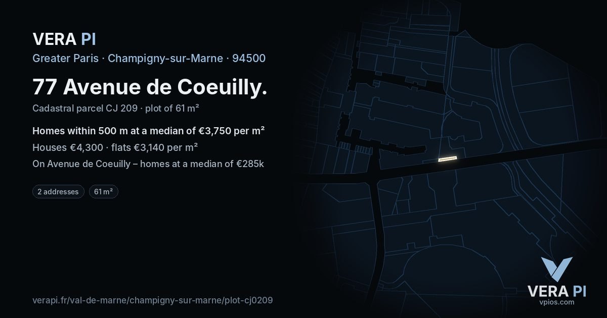 77 Avenue de Coeuilly, Champigny-sur-Marne at night – the plot lit, the parcels around coloured by the prices near them