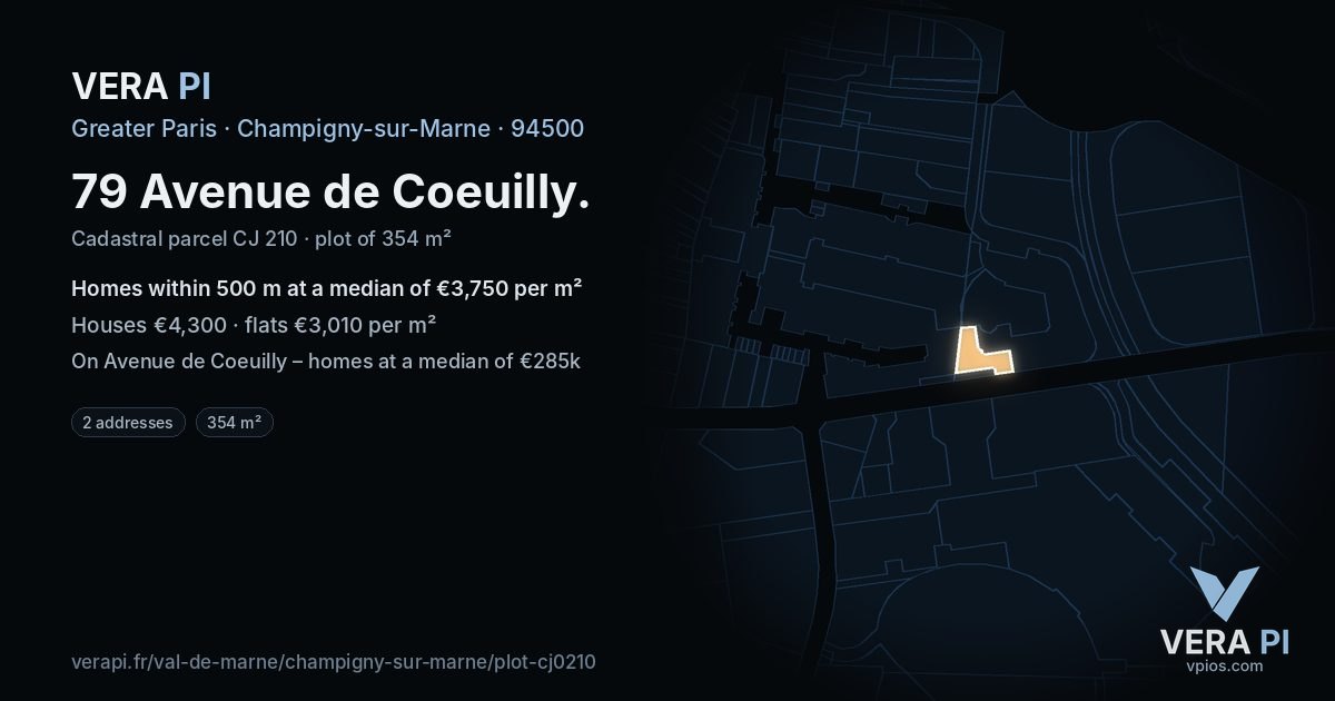 79 Avenue de Coeuilly, Champigny-sur-Marne at night – the plot lit, the parcels around coloured by the prices near them