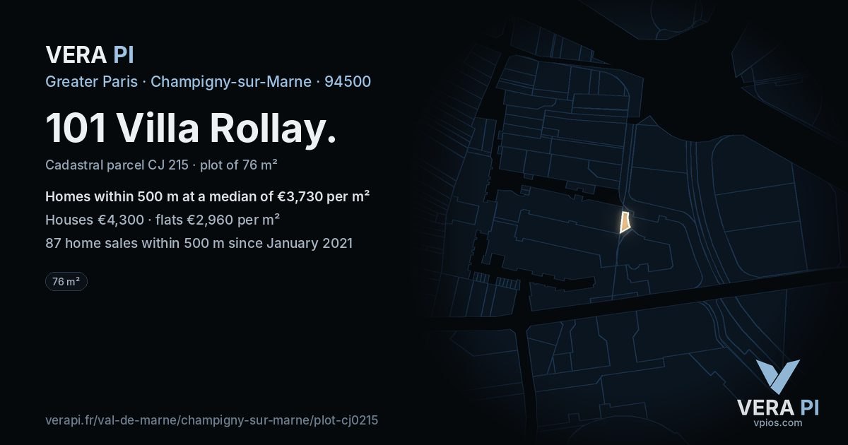 101 Villa Rollay, Champigny-sur-Marne at night – the plot lit, the parcels around coloured by the prices near them